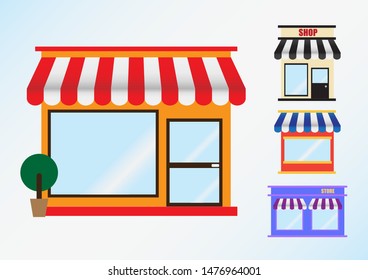 Flat icon set of store  front window with awning