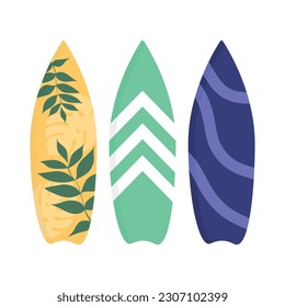 Flat icon set of surfboards in different styles isolated on white background. Summer style. Vector illustration.