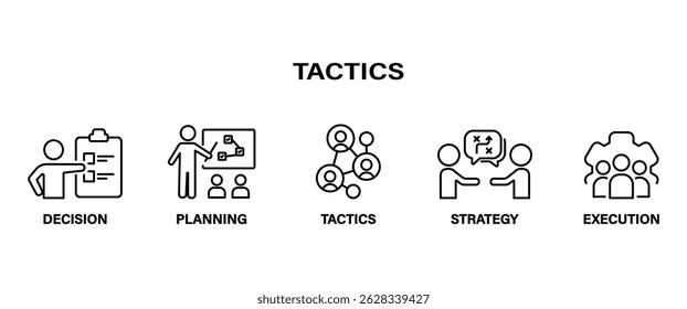 Flat icon set of tactics. Containing Decision, planning, tactics, srategy and execution. UI thin vector icon set in transparent background. Bussiness Icon Set