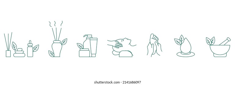 Flat Icon set, thin and linear designs. Spa and wellness treatments. Simple isolated concept illustration. incense sticks, cosmetic cream, head massage, foot massage, and herb 