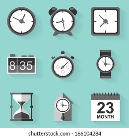  Flat icon set. Time. Clock. White style