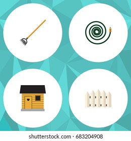 Flat Icon Set Of Tools, Wooden Barrier And Other Vector Objects. Also Includes Farm shed and hose Elements.