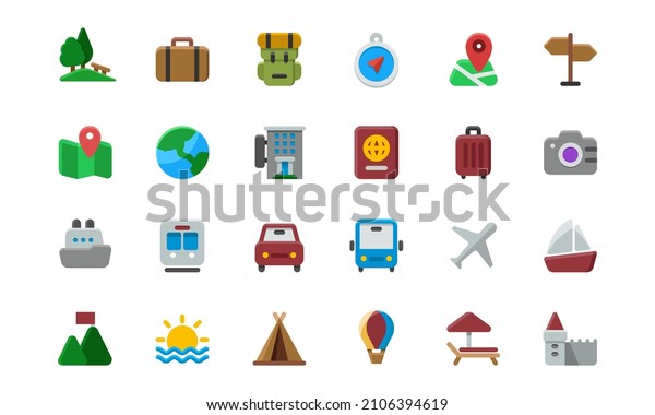 Flat icon set of travel and vacation.\
Suitable for design element of traveling company website, holiday\
app, and tourism\
information.