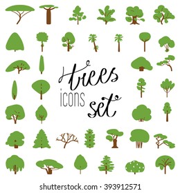 Flat icon set of tree species. Stems and branches icon set. Tree icons. Simple and flat. Isolated on white background.