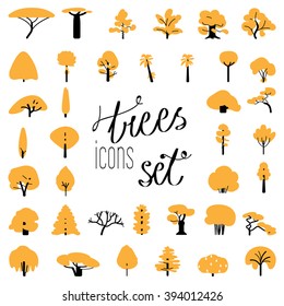 Flat icon set of tree species. Stems and branches icon set. Tree icons. Simple and flat. Isolated on white background.
