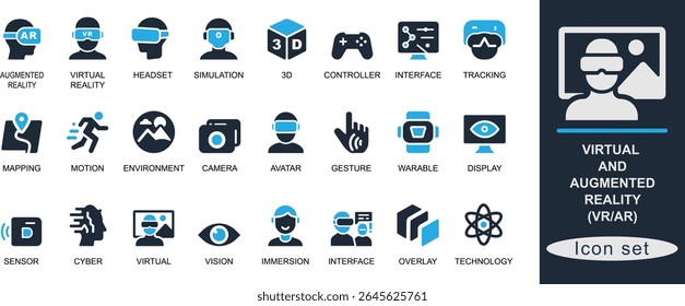 Conjunto de ícones planos de conceitos de realidade virtual e aumentada, incluindo VR, AR, headset, simulação, rastreamento, avatar e interface. Ideal para design de interface do usuário, tecnologia e metaverso.