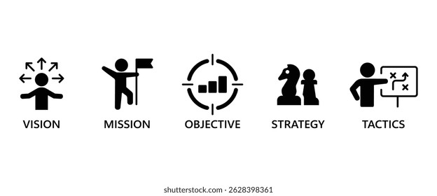 Flat icon set of VMOST Analysis stand for vision, mission, objectives, strategy and tactics banner. Vector illustration in transparent background. Business icon set. - Powered by Shutterstock - Get 15% off with code: PIKWIZARD15
