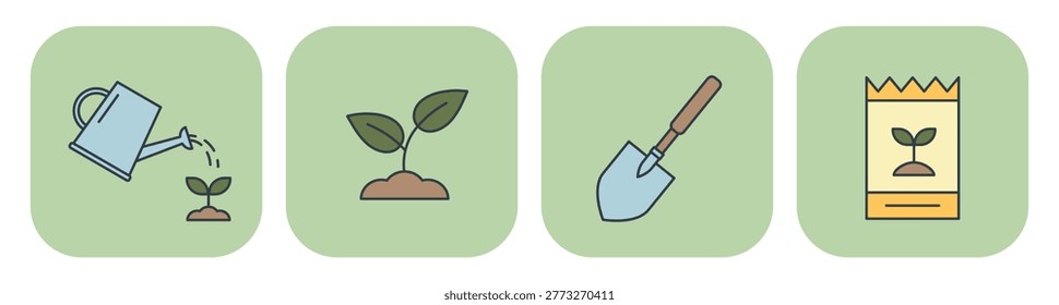 Flat icon set with watering can, sprout, shovel, and seeds. Hand drawn original vector illustrations for spring design