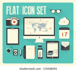  Flat icon set for Web and Mobile Application with long shadow