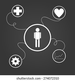 Flat icon set for Web and Mobile App. Human in relation with health, success and work. Colorful background.