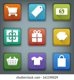 Flat icon set. White Symbols. Shop