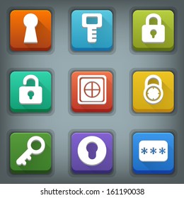 Flat icon set. White Symbols. Lock. Key. Password