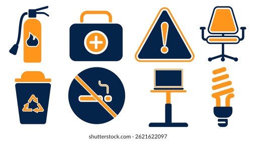 Conjunto de ícone plano para segurança e ambiente do local de trabalho: extintor de incêndio, sinal de aviso, kit de primeiros socorros, não fumar, reciclagem, cadeira ergonômica, mesa de pé e lâmpada de economia de energia.