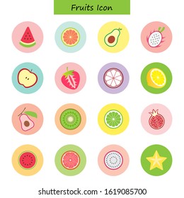 Flat icon set.Watermelon ,Pear ,Orange ,Avocado ,Dragon fruits ,Rose apple ,Strawberry ,Mangosteen ,Lemon ,Kiwi ,Lime ,Pomegranate ,Grapefruit slice and Star fruit isolated on white background.Vector.