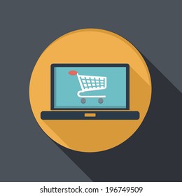 flat icon with a shadow, notebook with symbol shopping cart, shopping in Internet-shop