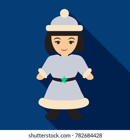 Flat icon with shadow Snow Maiden . Beautiful girl wearing long coat with white fur.