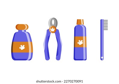 Flat icon with shampoo pet, nail clippers, comb on white background. Icon symbol. Flat vector illustration. Funny vector illustration. White background. Vector illustration