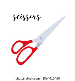Flat icon of shears with calligraphy word "Scissors" isolated on white background. Flat vector illustration of sewing instrument with lettering.Poster for atelier, tailor, seamstress, tissure shop. 