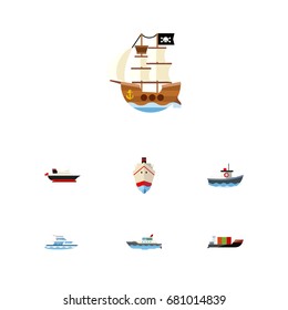 Flat Icon Ship Set Of Boat, Delivery, Vessel And Other Vector Objects. Also Includes Pirate, Tanker, Yacht Elements.