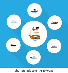 Flat Icon Ship Set Of Boat, Vessel, Cargo And Other Vector Objects. Also Includes Boat, Tanker, Vessel Elements.
