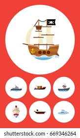 Flat Icon Ship Set Of Transport, Cargo, Vessel And Other Vector Objects. Also Includes Vessel, Ship, Tanker Elements.