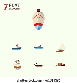 Flat Icon Ship Set Of Vessel, Transport, Yacht And Other Vector Objects. Also Includes Yacht, Tanker, Ship Elements.