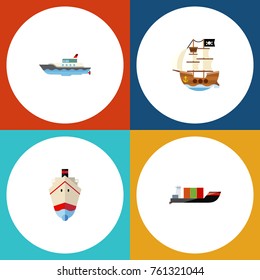 Flat Icon Ship Set Of Vessel, Sailboat, Tanker And Other Vector Objects. Also Includes Ship, Cargo, Shipping Elements.