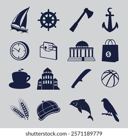 flat icon shipe, clock,hat,cup,bird,knife etc.
 total 16 icon hear
