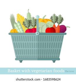 flacher Icon-Shop-Korb mit verschiedenen vegetarischen Lebensmitteln auf Weiß