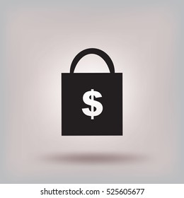Icono plano. Bolsa de compras con signo de dólar.