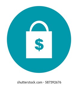 Icono plano. Bolsa de compras con signo de dólar.