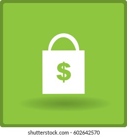 Icono plano. Bolsa de compras con signo de dólar.