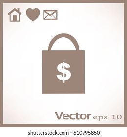 Icono plano. Bolsa de compras con signo de dólar.