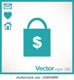 Icono plano. Bolsa de compras con signo de dólar.