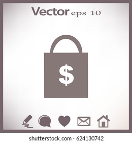 Flat icon. Shopping bag with dollar sign.