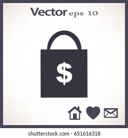 Icono plano. Bolsa de compras con signo de dólar.