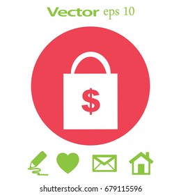 Ícone plano. Saco de compras com sinal de dólar.