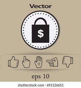 Icono plano. Bolsa de compras con signo de dólar.