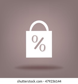 Flat icon. Shopping bag with the image of percent.