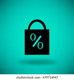 Icono plano. Bolsa de compras con la imagen del porcentaje.