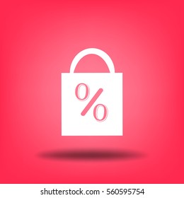 Icono plano. Bolsa de compras con la imagen del porcentaje.