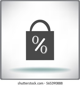 Icono plano. Bolsa de compras con la imagen del porcentaje.