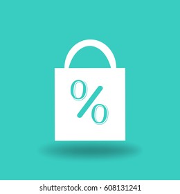 Flat icon. Shopping bag with the image of percent.
