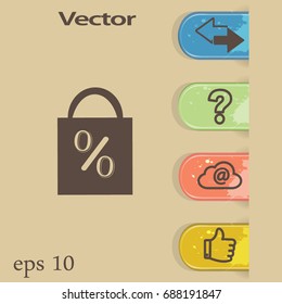 Flat icon. Shopping bag with the image of percent.