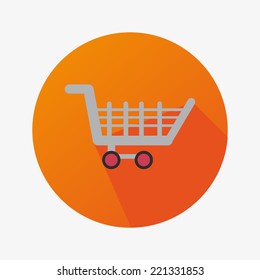 Flat Icon With Shopping Cart For Commerce In a Orange Circle With Long Shadow