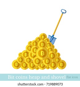 Flat icon with shovel with heap of bit coins. Mining bit coin business illustration isolated on white svg