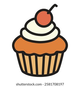 A flat icon showcasing a delicious cupcake topped with creamy frosting and a cherry on top.