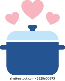 A flat icon showing a blue cooking pot with three pink hearts above it, symbolizing passion for cooking, homemade meals, love for family food and healthy eating.