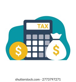 A flat icon showing a calculator with tax label, a money bag, and a gold dollar coin. Perfect for financial accounting, tax return preparation, and fiscal management.