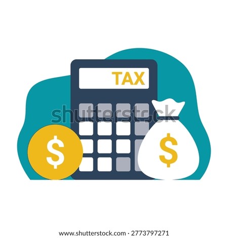 A flat icon showing a calculator with tax label, a money bag, and a gold dollar coin. Perfect for financial accounting, tax return preparation, and fiscal management.